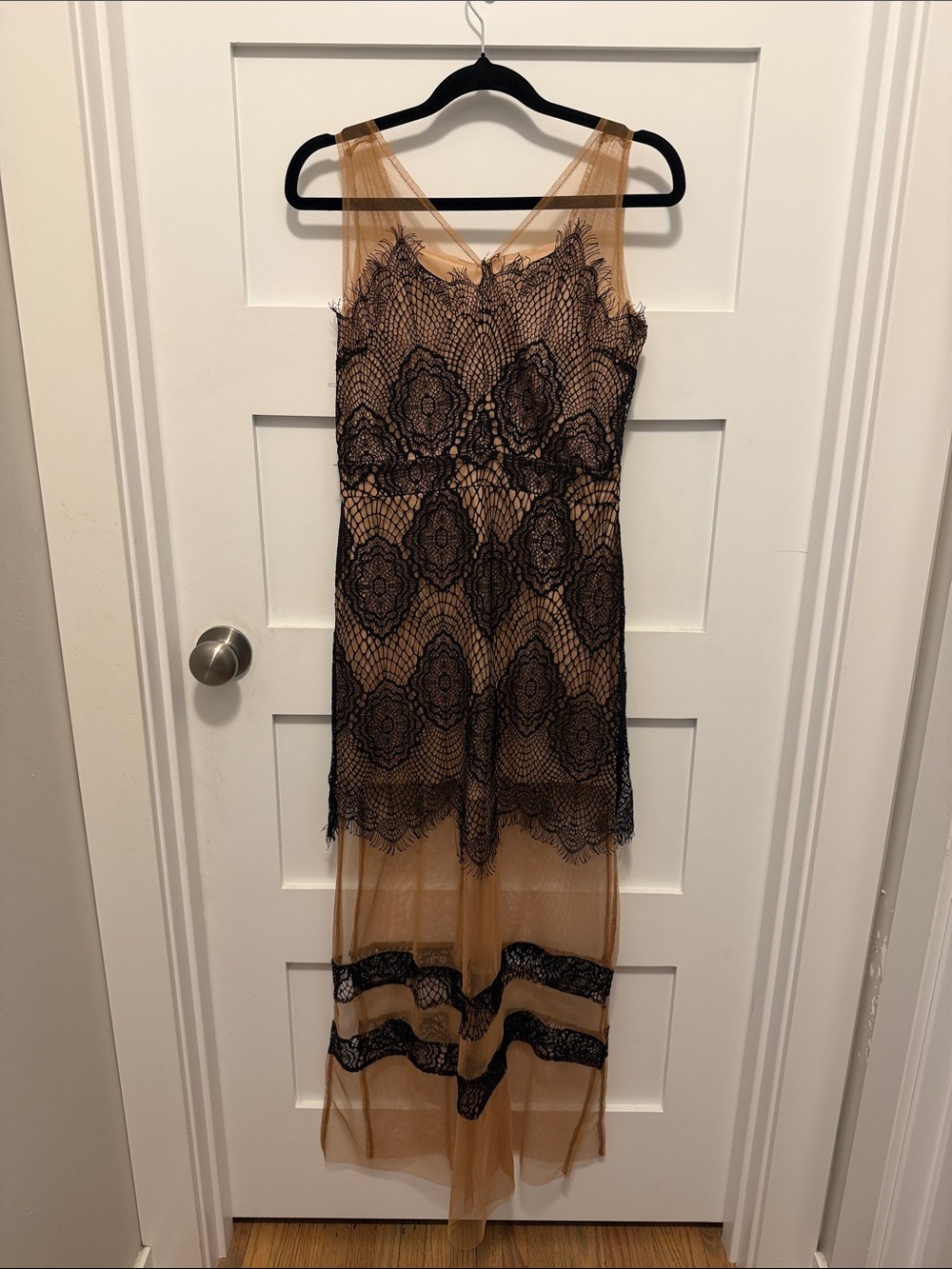 Sheer Lace Overlay Maxi Dress in Nude and Black